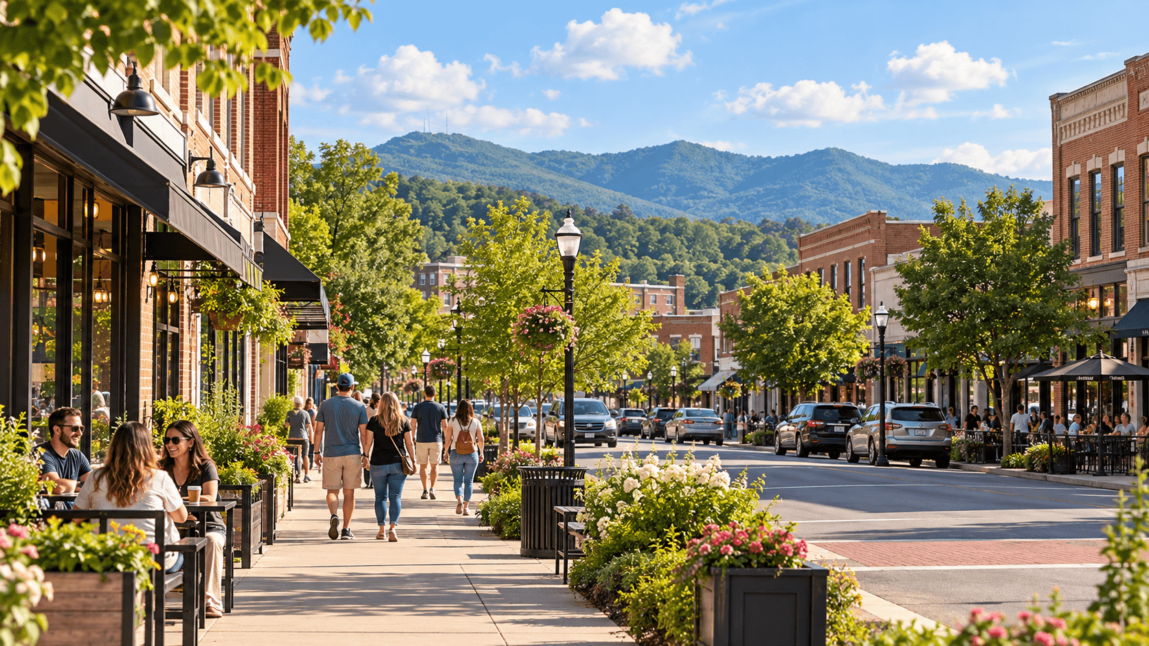 Downtown Johnson City Tennessee with local shops, restaurants and mountain views